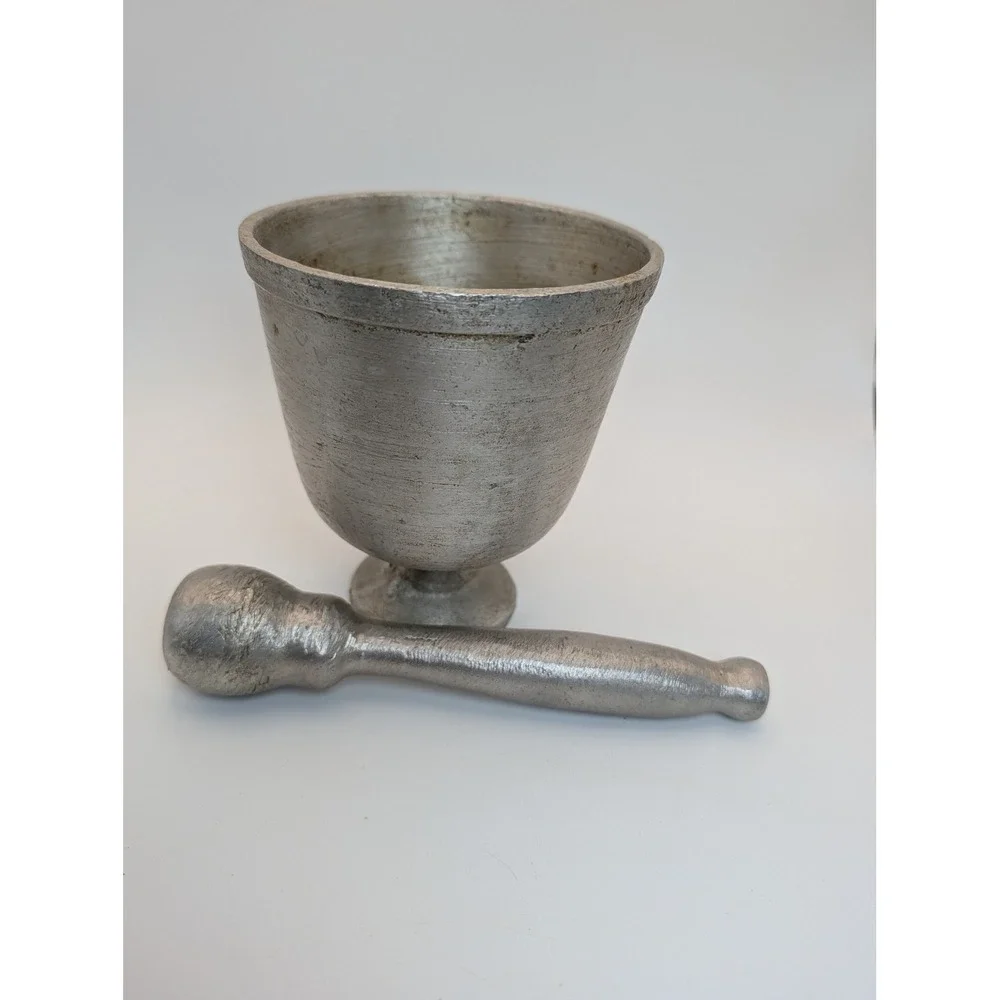 Vintage Cast Aluminum Footed Mortar Pestle Set Silver Rustic Apothecary Kitchen